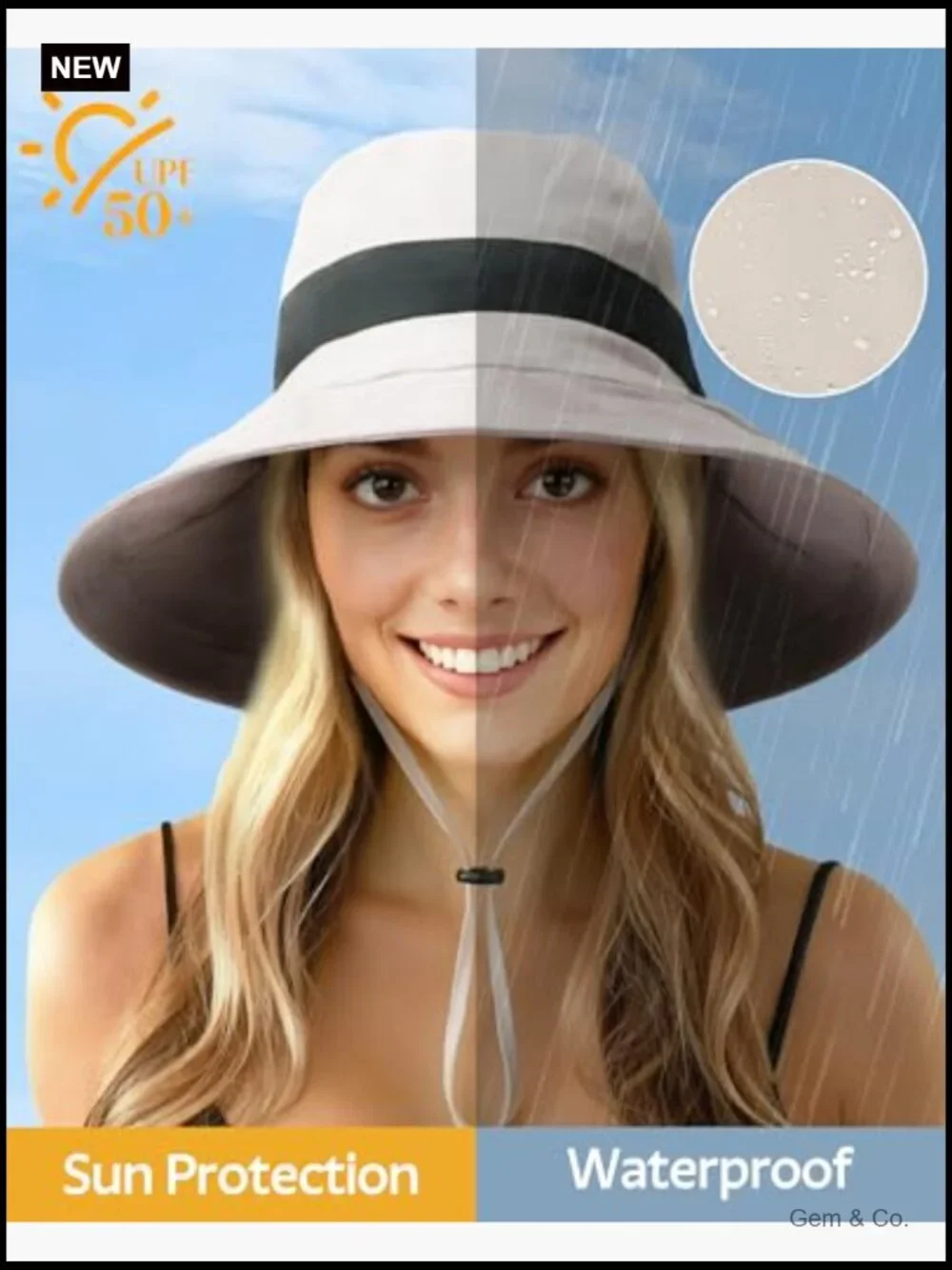 Women's Wide Brim Bucket Hat with Ponytail Hole, UPF 50+ Sun Protection,